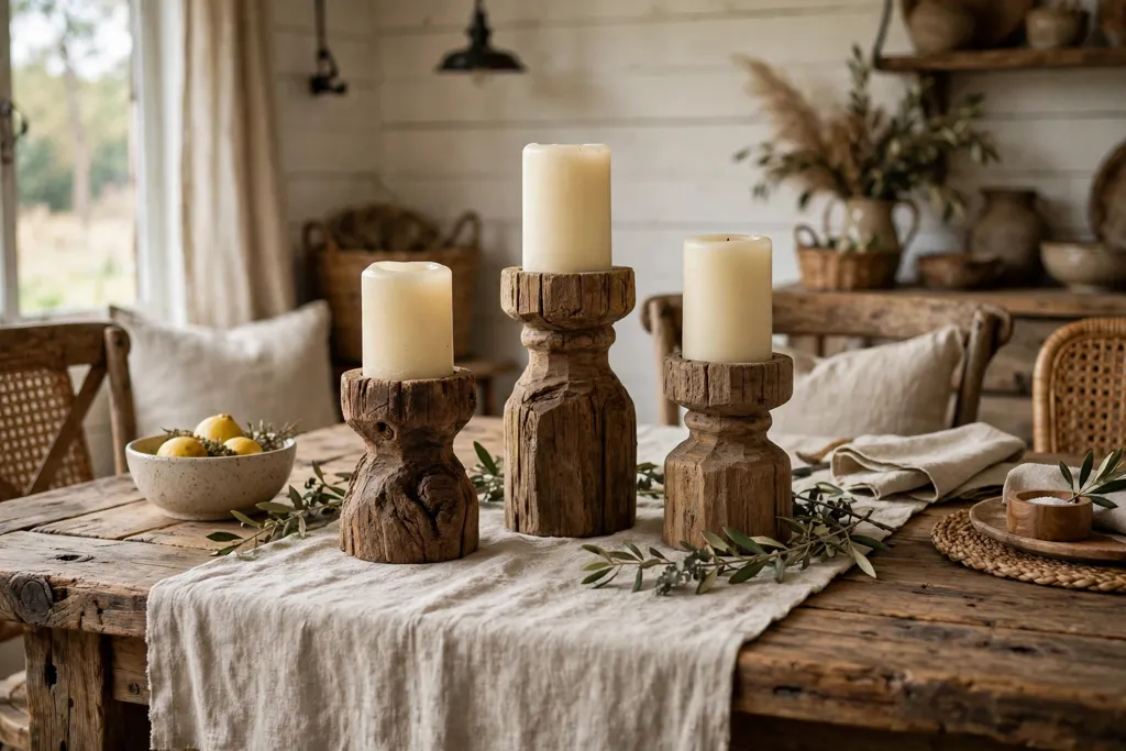 Chunky wood candlesticks with cream pillar candles on a farmhouse dining table.