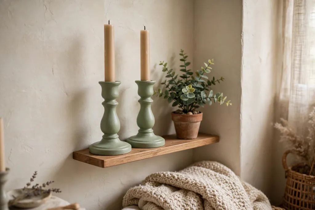 Painted sage candlesticks on a small shelf beside a small plant.