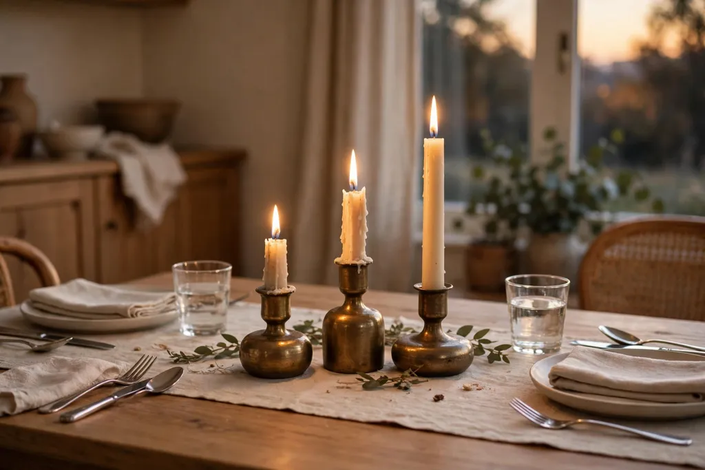 Three candlesticks of different heights as a low dining table centerpiece.