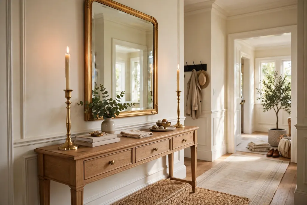 Matching pair of tall candlesticks on an entryway console with a mirror between them.