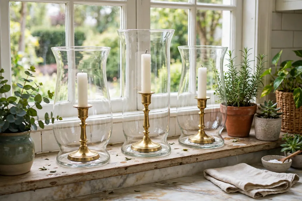 Candlesticks inside clear hurricane glass holders on a kitchen windowsill.