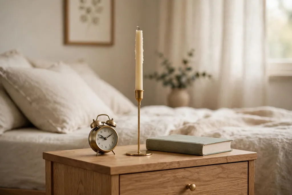 Single slim candlestick on a bedroom nightstand beside a book.