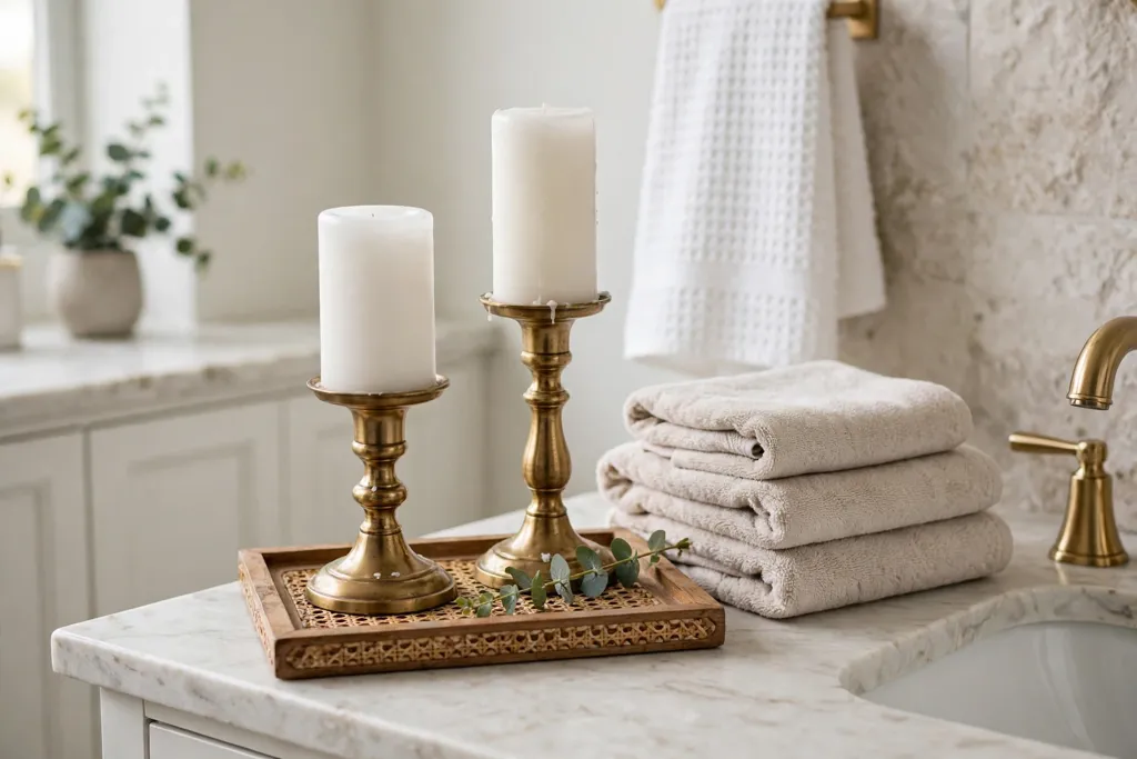 Pillar candlesticks on a small tray on a bathroom counter.