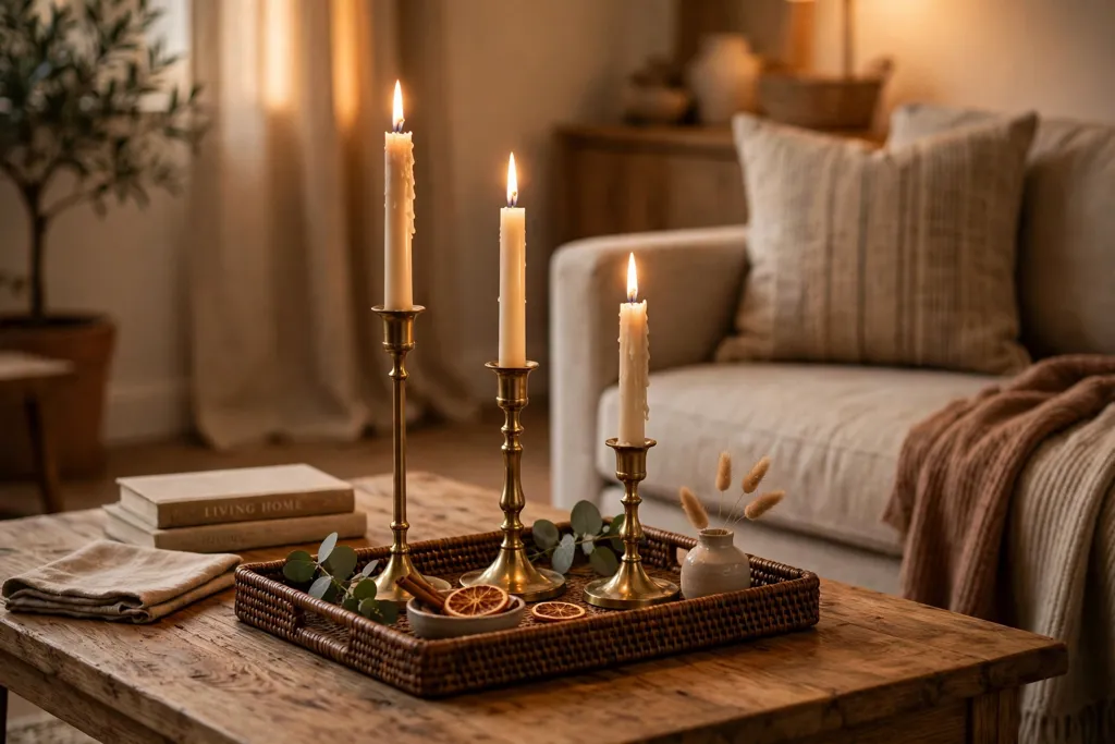 Candlesticks of three heights on a tray on a coffee table.
