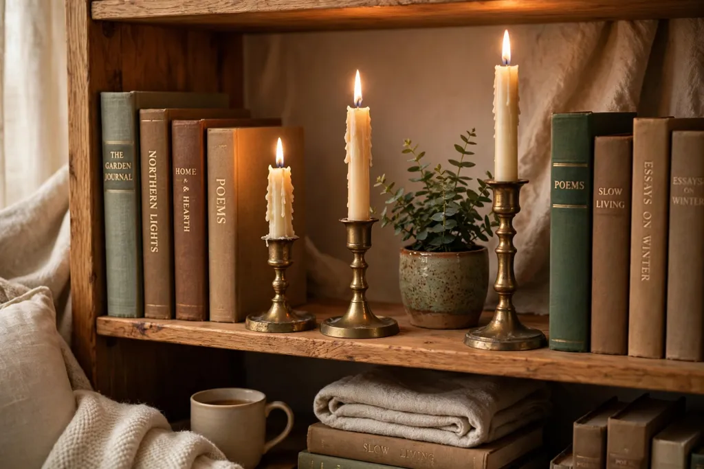 Three candlesticks at staggered heights on a bookshelf between books.