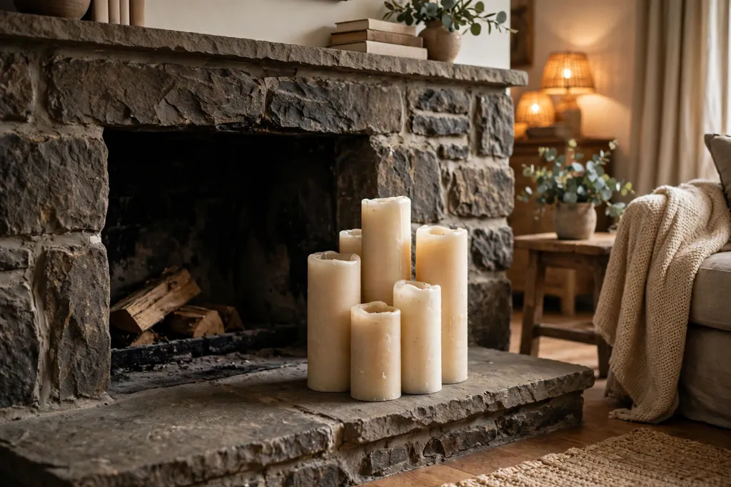 Cluster of pillar candlesticks on a stone hearth beside a fireplace.