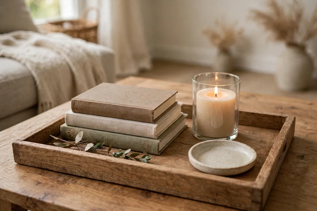 Wood tray on a coffee table with stacked books, a pillar candle, and a small ceramic dish.