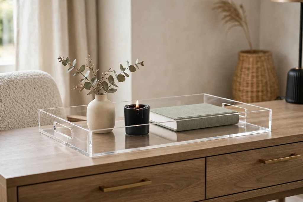 Clear acrylic tray on a modern console with a small vase, a candle, and a book.