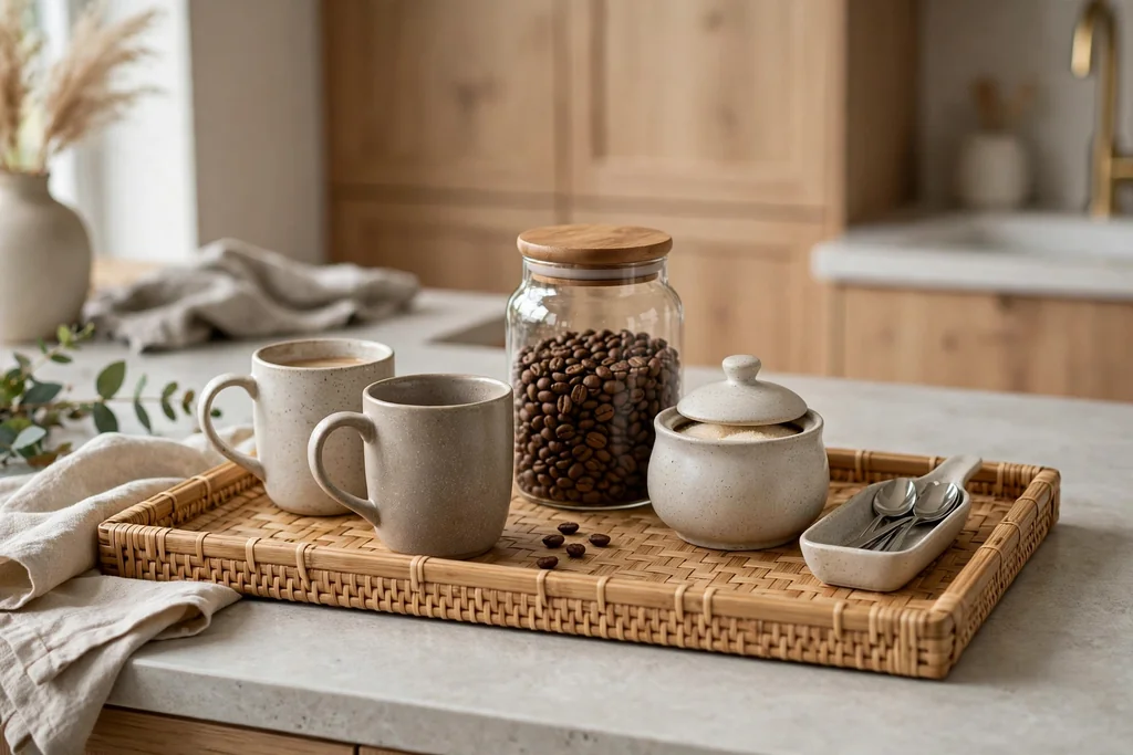 Bamboo tray on a kitchen counter with mugs, a coffee jar, a sugar bowl, and a spoon dish.
