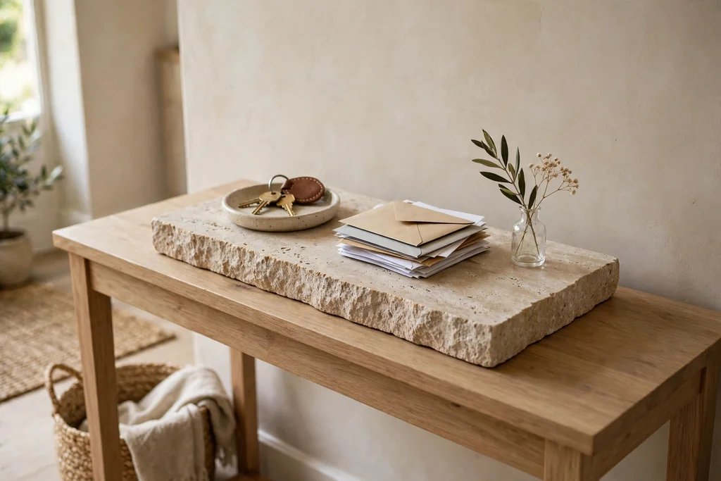 Stone tray on an entry console with a key dish, mail, and a tiny vase.