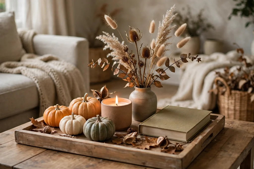 Fall tray on a coffee table with mini pumpkins, a candle, dried stems, and a book.
