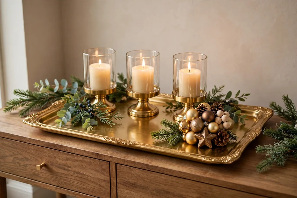 Gold tray on a holiday console with candles, ornaments, and greenery.