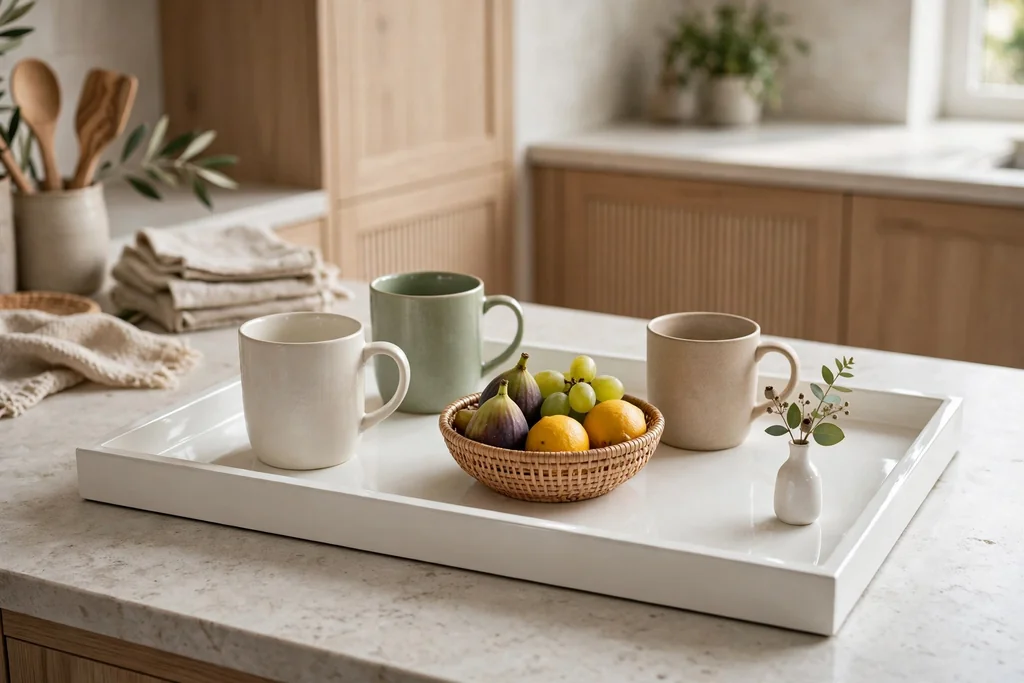 White lacquer tray on a kitchen counter with mugs, a fruit bowl, and a tiny vase.