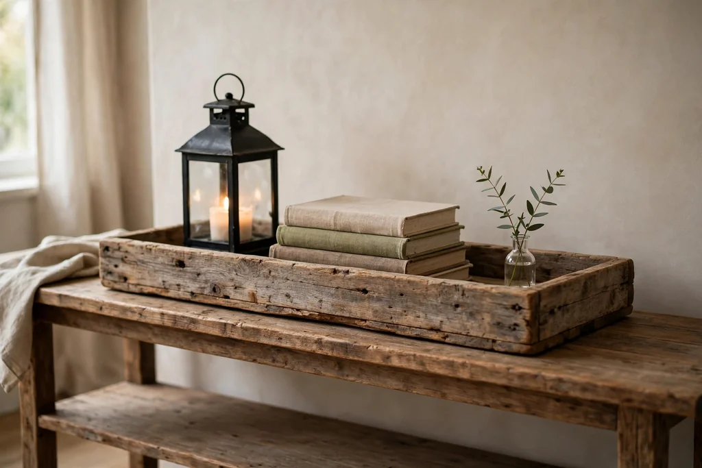 Reclaimed wood tray on a console with a lantern, books, and a vase of stems.