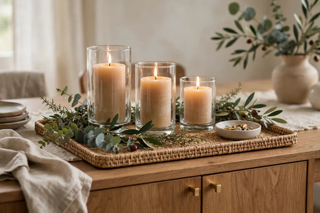 Candle tray on a dining sideboard with pillar candles, greenery, and a tiny dish.