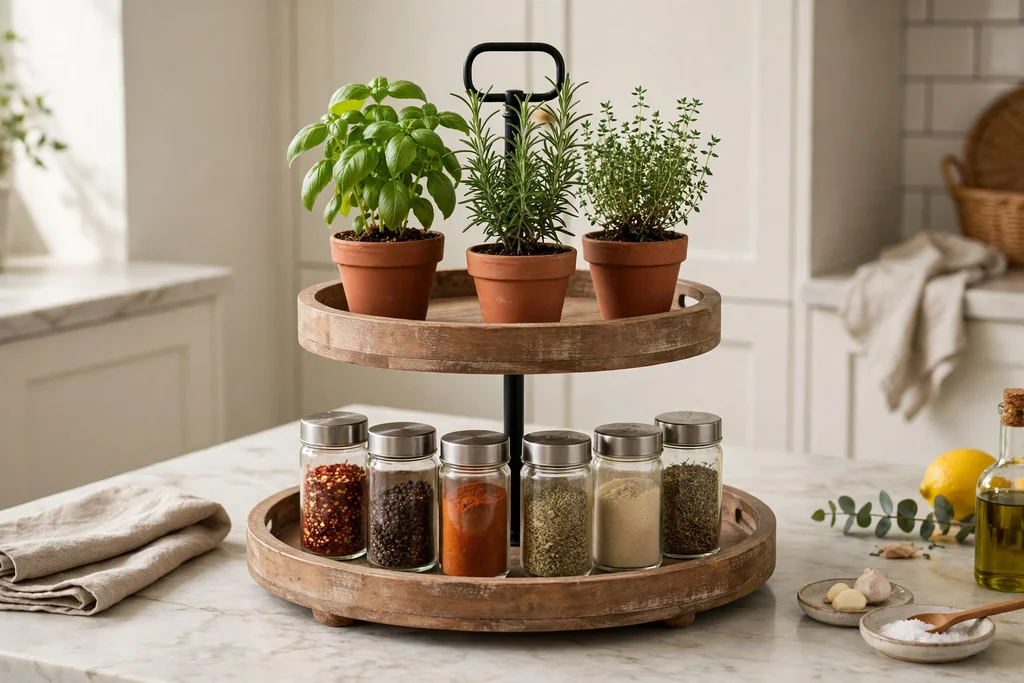 Two tier tray on a kitchen counter with herb pots above and spice jars below.