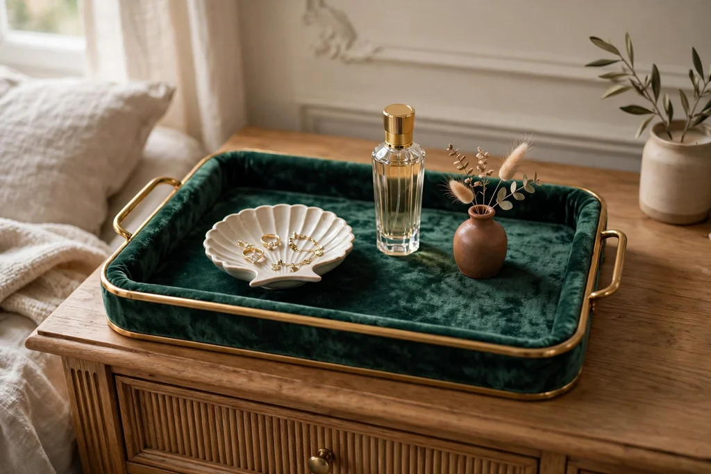 Velvet lined tray on a bedroom console with a jewelry dish, a perfume bottle, and a vase.