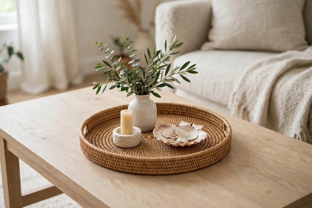 Round rattan tray on a coffee table with a vase of greenery, a candle, and a shell dish.