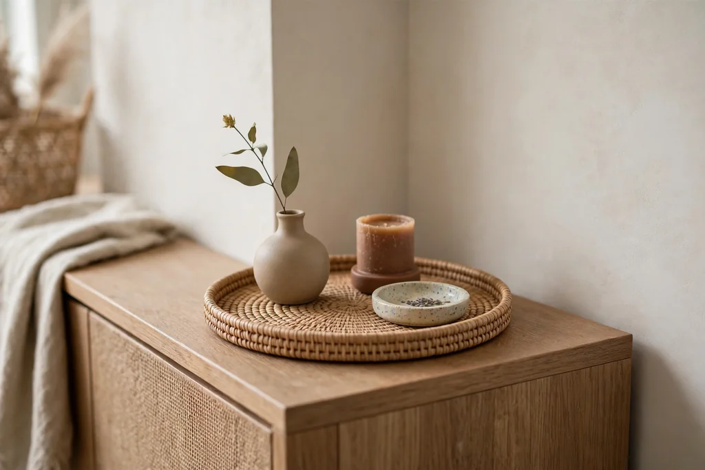 Small round tray on a console corner with a bud vase, a candle, and a tiny dish.