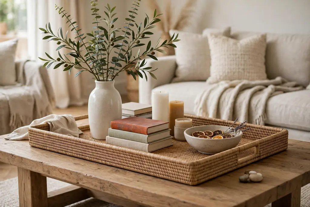 Oversized tray on a large coffee table with a tall vase, books, candles, and a bowl.