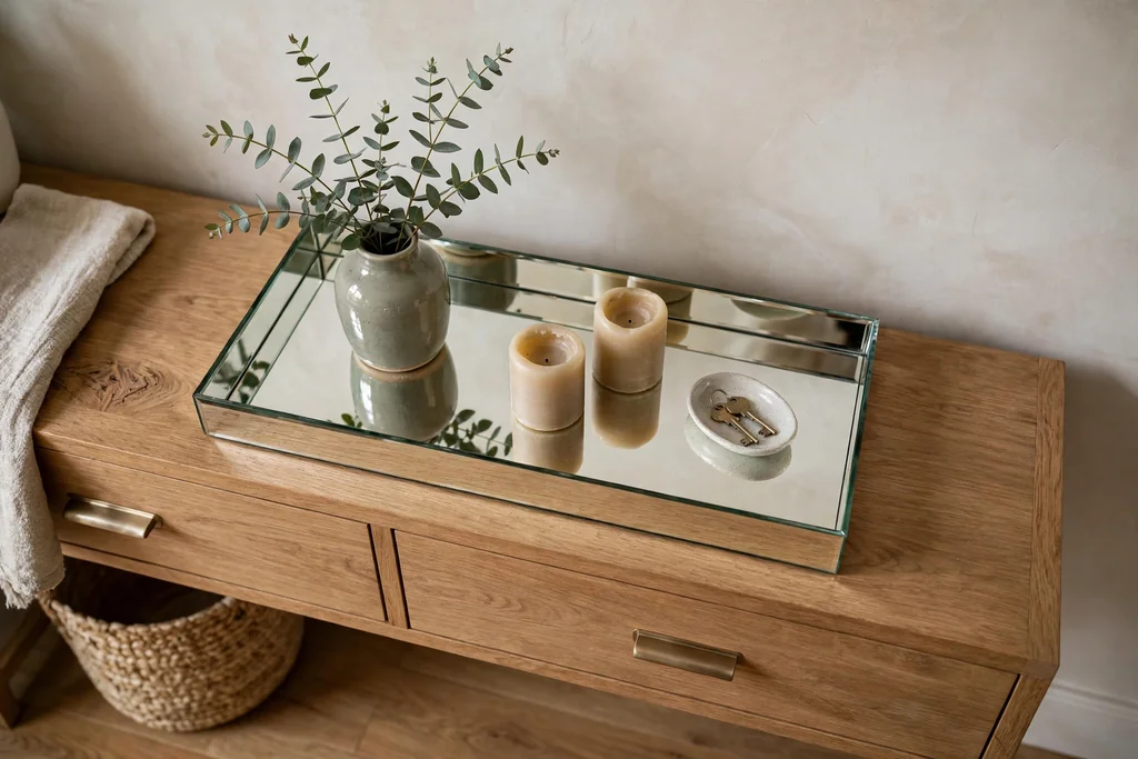 Mirrored tray on an entry console with a vase of stems, candles, and a key dish.