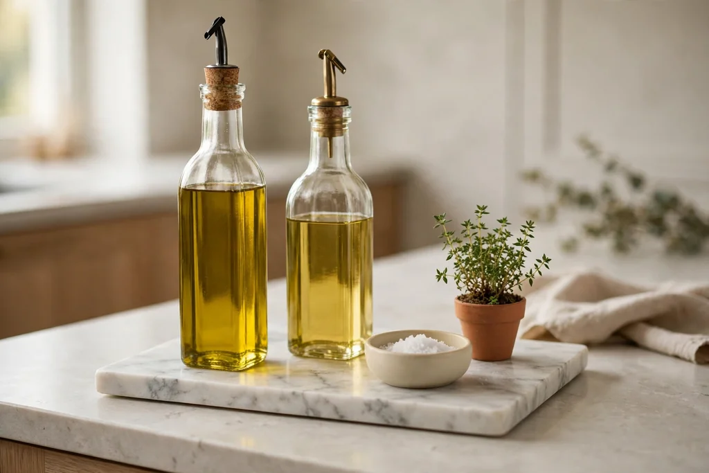 Marble tray on a kitchen counter with cooking oil bottles, a salt dish, and a herb pot.