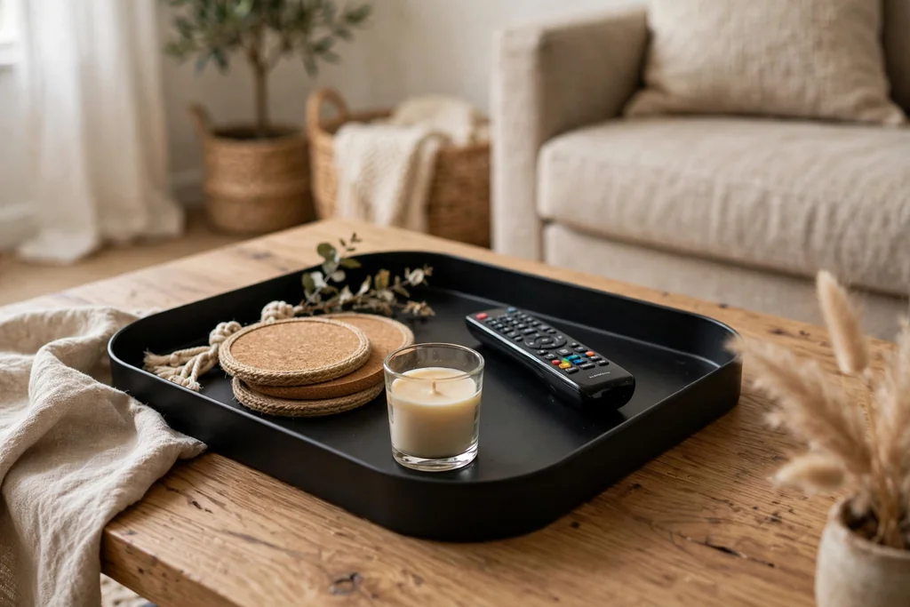 Black metal tray on a coffee table with a remote control, coasters, and a small candle.