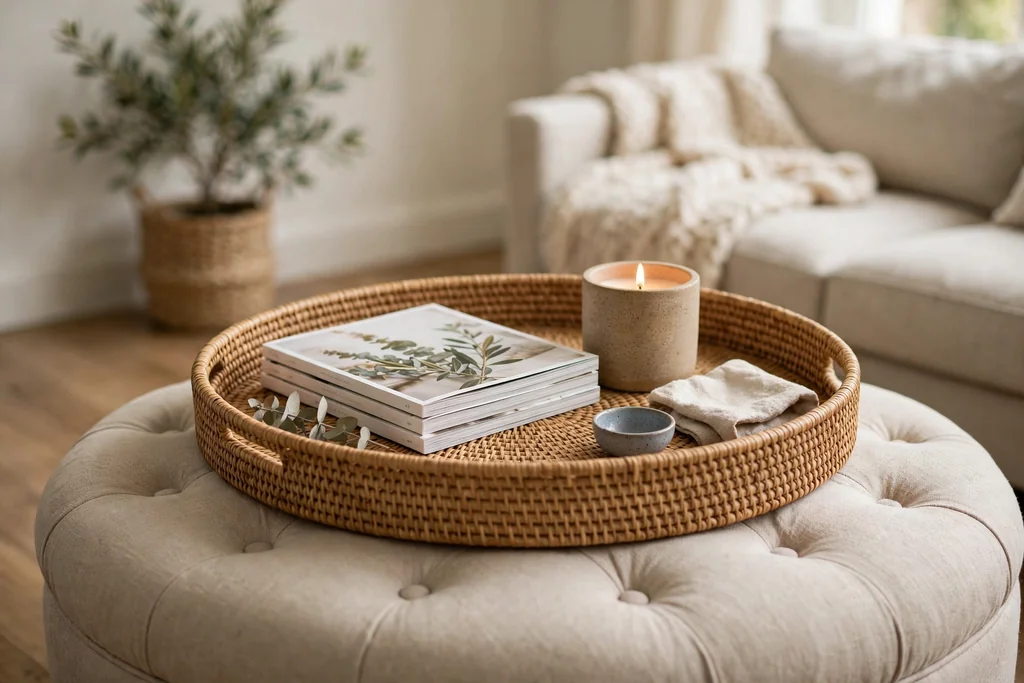 Large woven tray on a padded ottoman with magazines, a candle, and a tiny bowl.