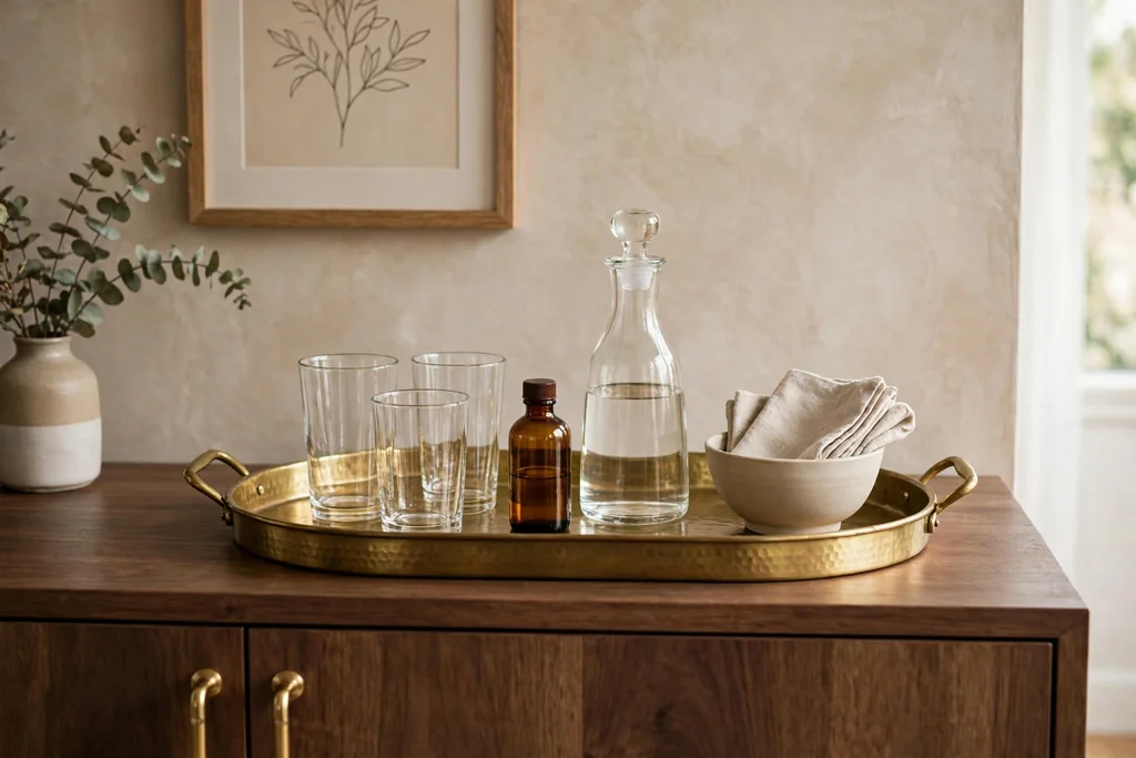 Brass tray on a console sideboard with glasses, a bottle, a carafe, and a napkin bowl.