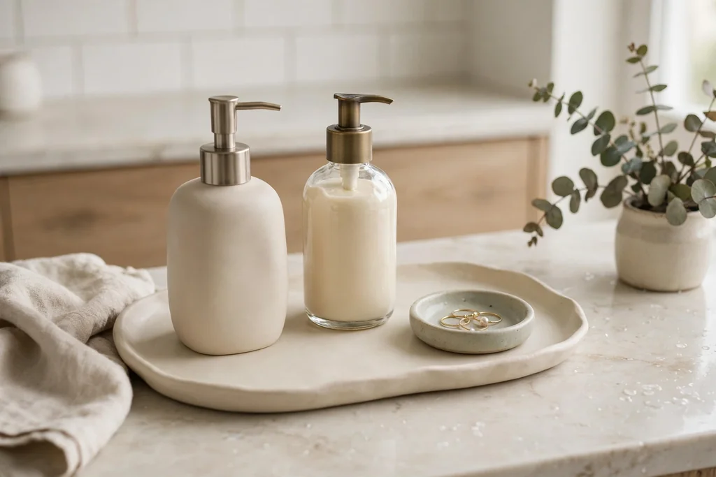 Ceramic tray on a bathroom counter with a soap dispenser, a lotion bottle, and a ring dish.