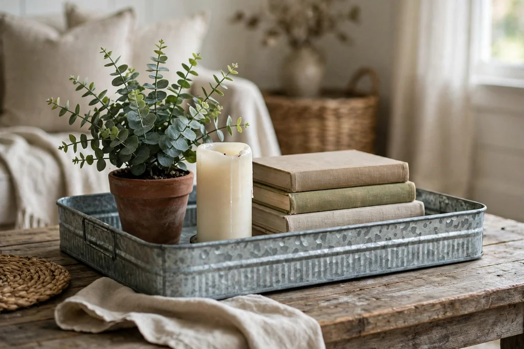 Galvanized metal tray on a farmhouse coffee table with a potted plant, a candle, and books.