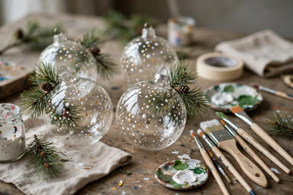Clear glass baubles painted with dots and pine sprigs on a work table beside paint brushes.