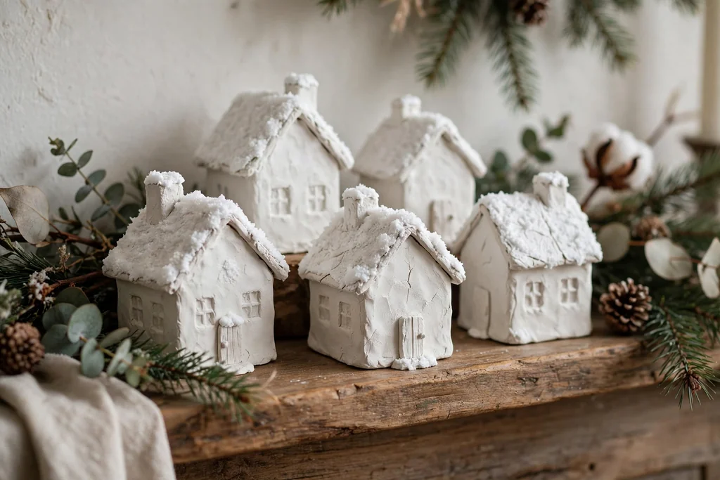 Small air-dry clay house ornaments painted white with snowy roofs on a mantel.