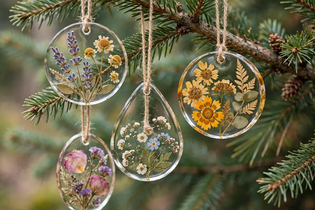 Clear resin ornaments with pressed flowers inside, hanging on a Christmas tree branch.