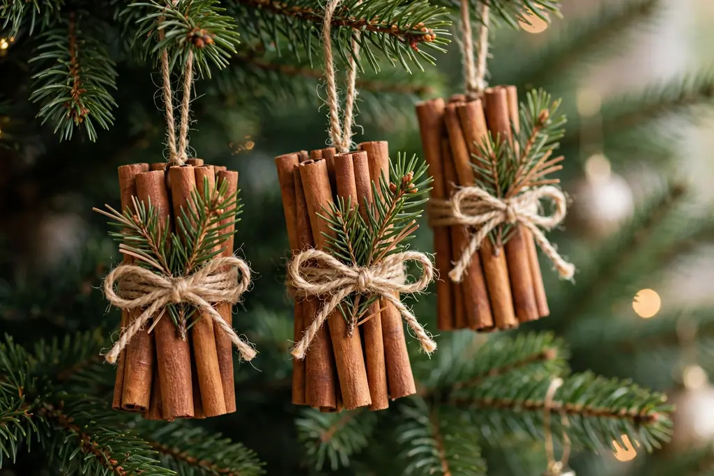 Cinnamon stick bundles tied with twine and pine sprigs hanging on a Christmas tree.