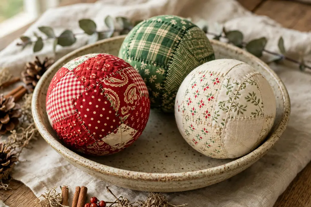 Patchwork fabric ball ornaments in red, green, and cream patterns in a bowl.