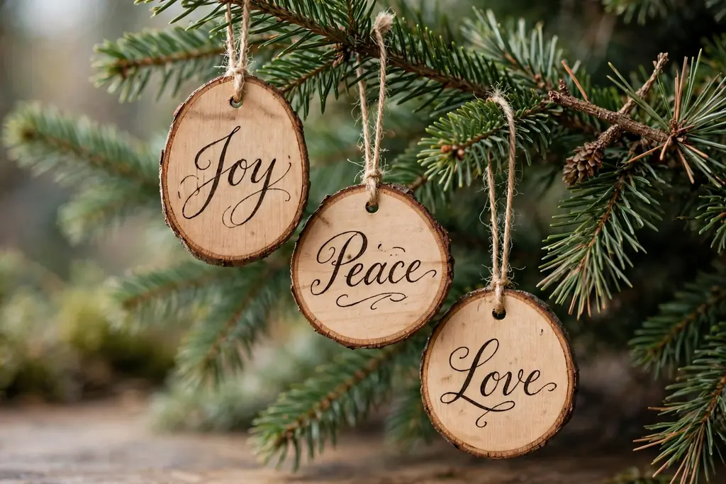 Wood tag ornaments with handwritten calligraphy words hanging on a Christmas tree branch.