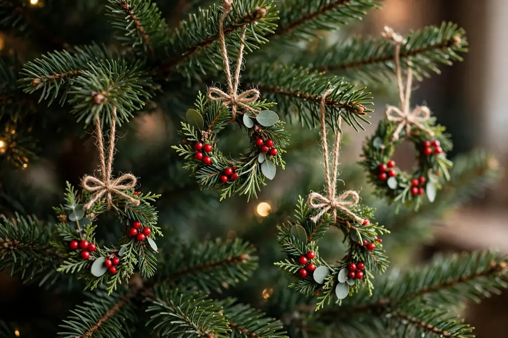 Miniature wreath ornaments with greenery and red berries hanging on a Christmas tree.