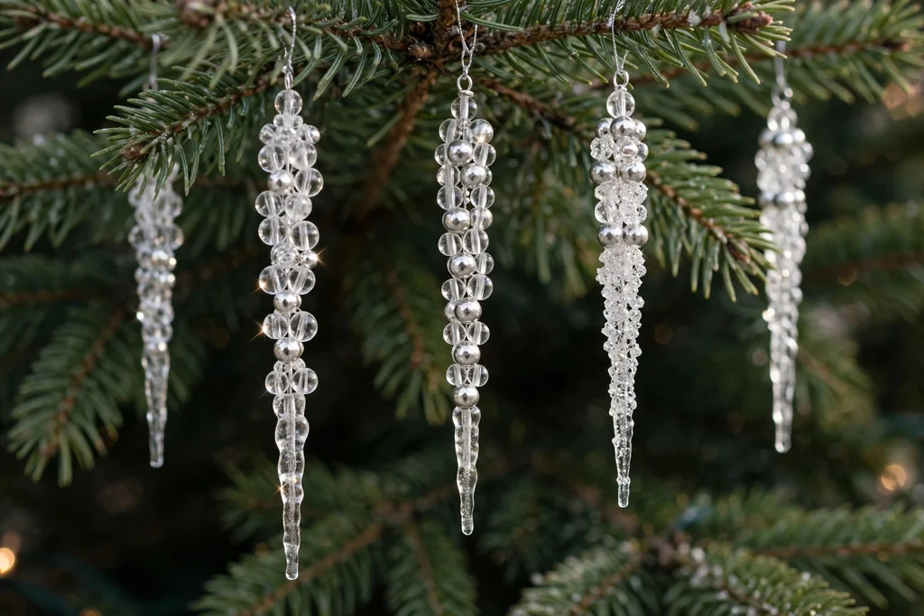 Beaded icicle drop ornaments in clear and silver beads hanging on a Christmas tree branch.