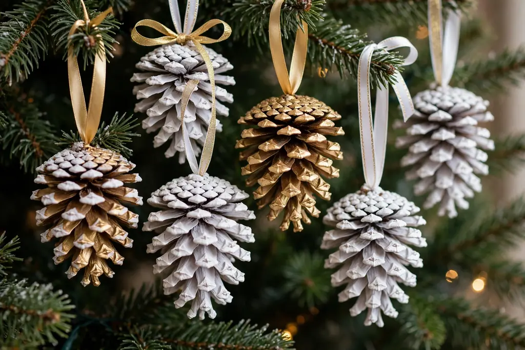 Pinecone ornaments painted white and gold with ribbon loops on a Christmas tree.