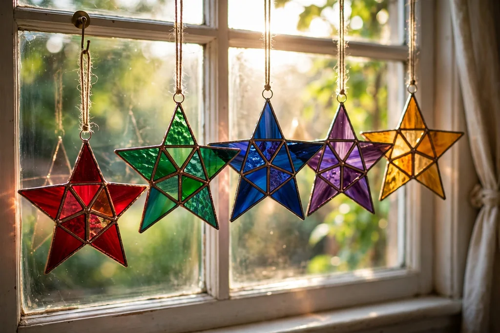 Faux stained glass star ornaments in jewel colors hanging in a window with light behind them.