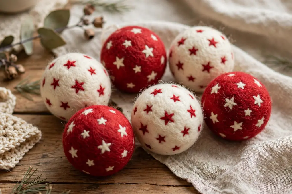 Needle felted wool baubles in red and cream with small star motifs on a table.