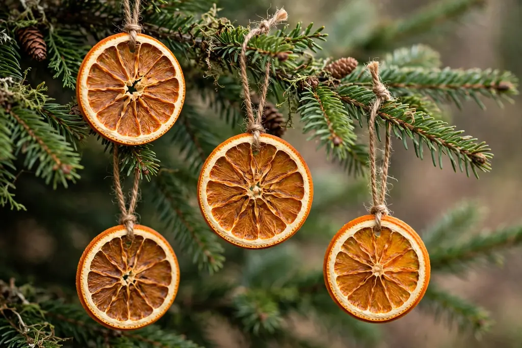 Dried orange slice ornaments with twine loops hanging on a green Christmas tree branch.