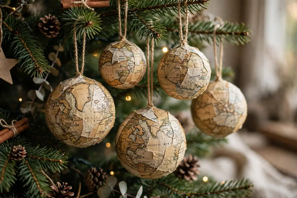 Baubles covered with map paper pieces hanging on a Christmas tree.