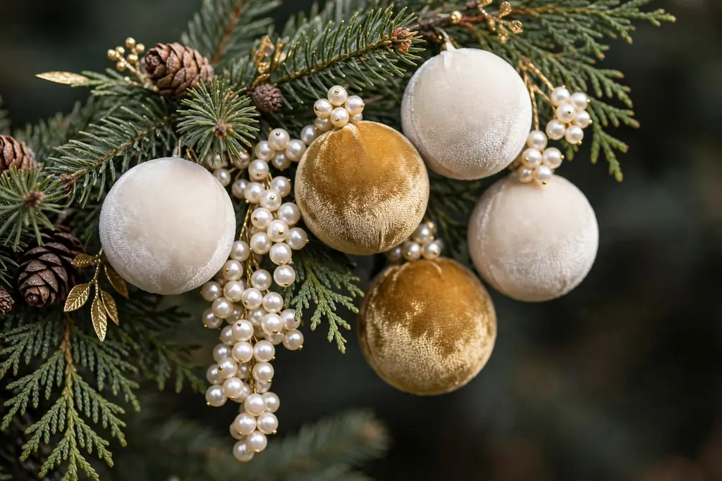 Velvet ball and pearl bead cluster ornaments in cream and gold on a Christmas tree branch.