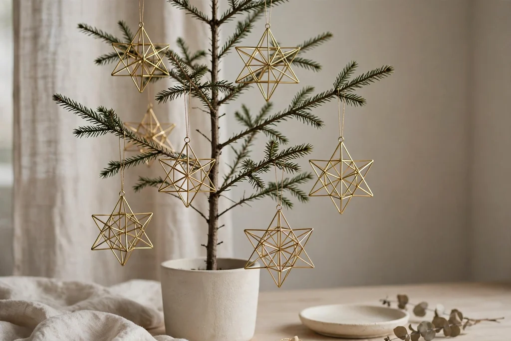 Geometric brass wire star ornaments hanging on a minimal Christmas tree.