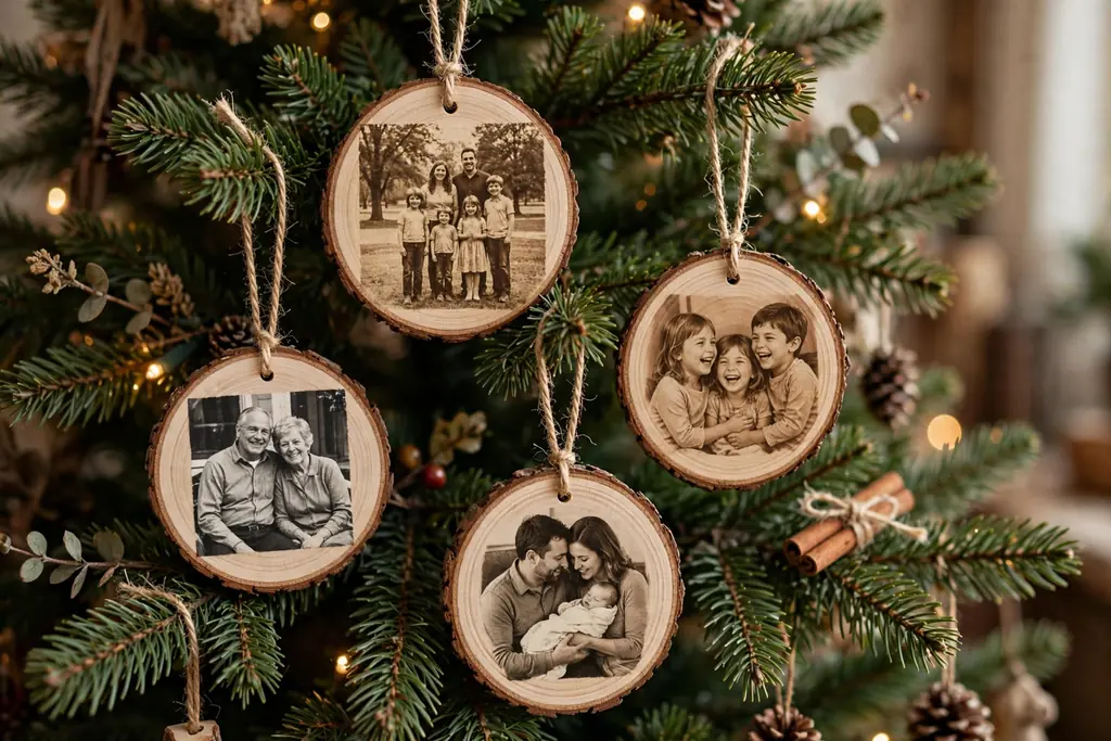 Wood slice ornaments with transferred family photos hanging on a Christmas tree.