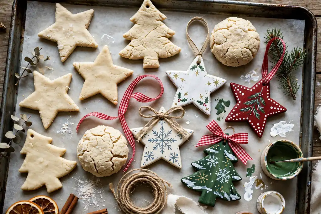 Salt dough star and tree ornaments, unpainted and painted, on a baking tray with ribbon.
