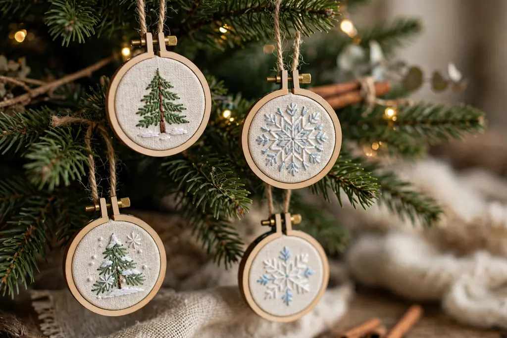 Small wooden embroidery hoops with stitched tree and snowflake designs hanging on a Christmas tree.