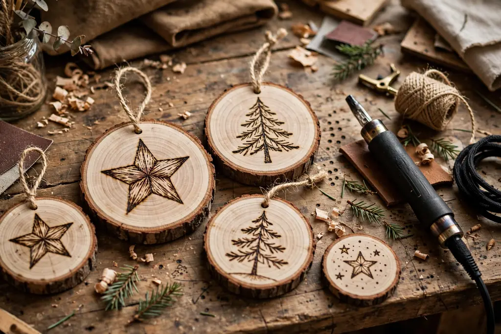 Wood slice ornaments with burned star and tree designs on a workbench beside a pyrography pen.